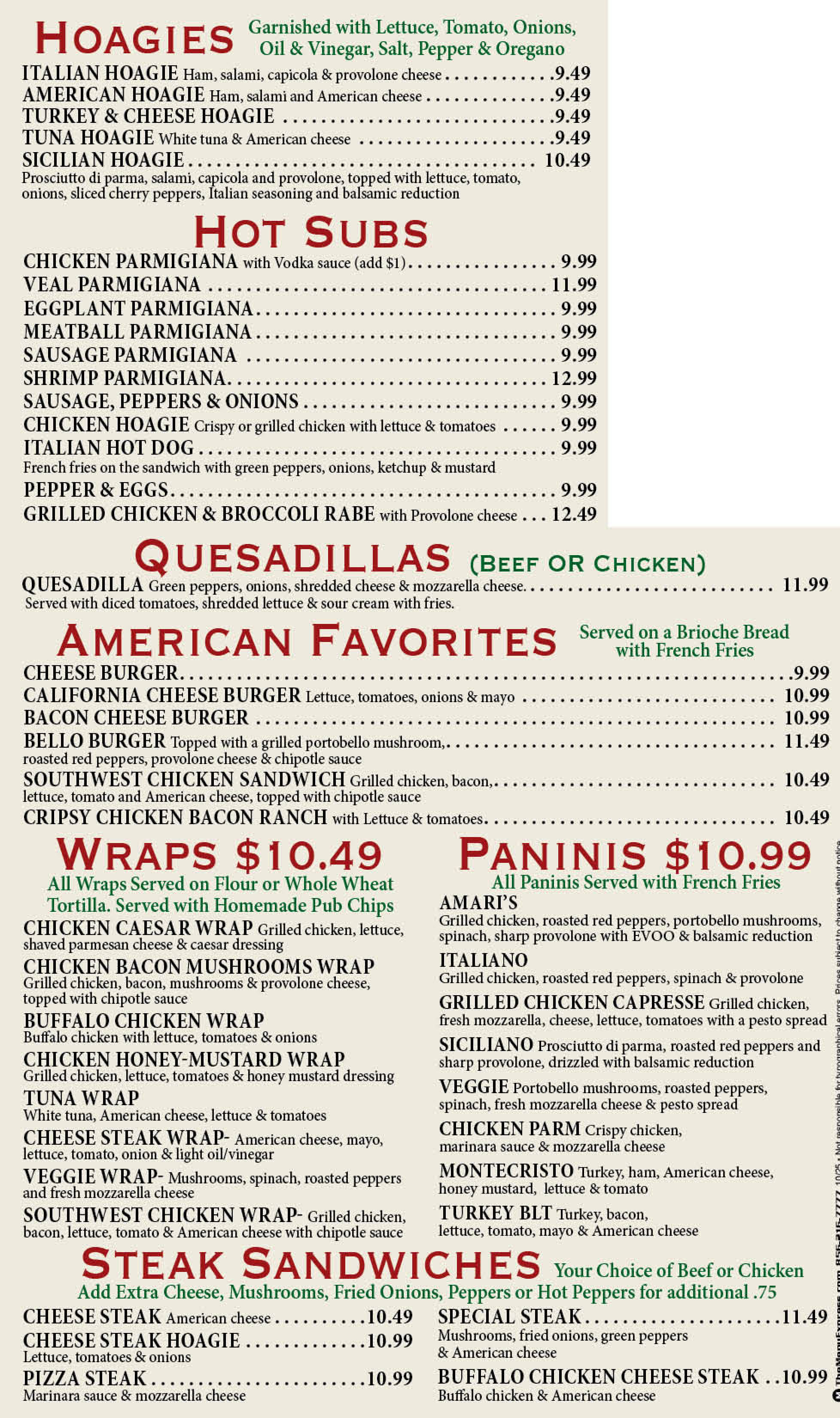 Hoagies - Subs - Wraps & Paninis